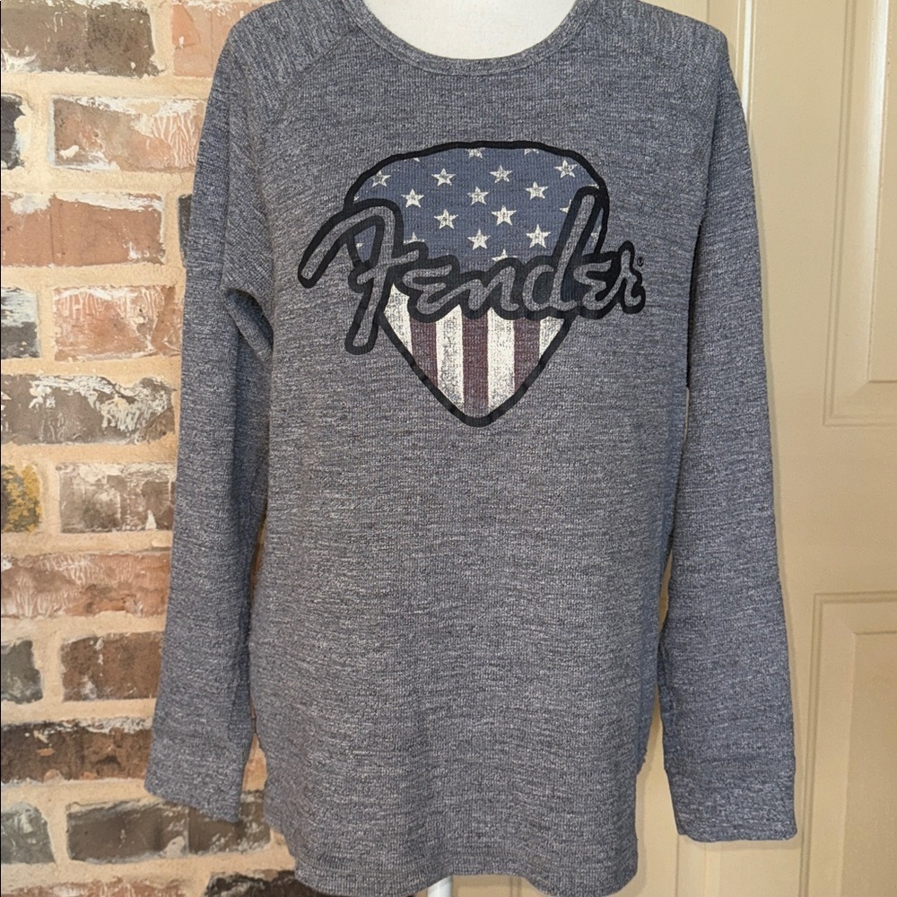 Fender x Lucky Brand Heather Gray Long Sleeve Tee Guitar Pick American Flag Sz M